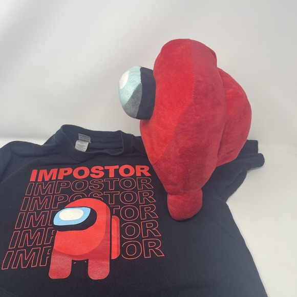 Gift Lot Among Us Red Imposter black T Shirt Jrs XL 14/16 Lrg Red Imposter Plush - Picture 2 of 12